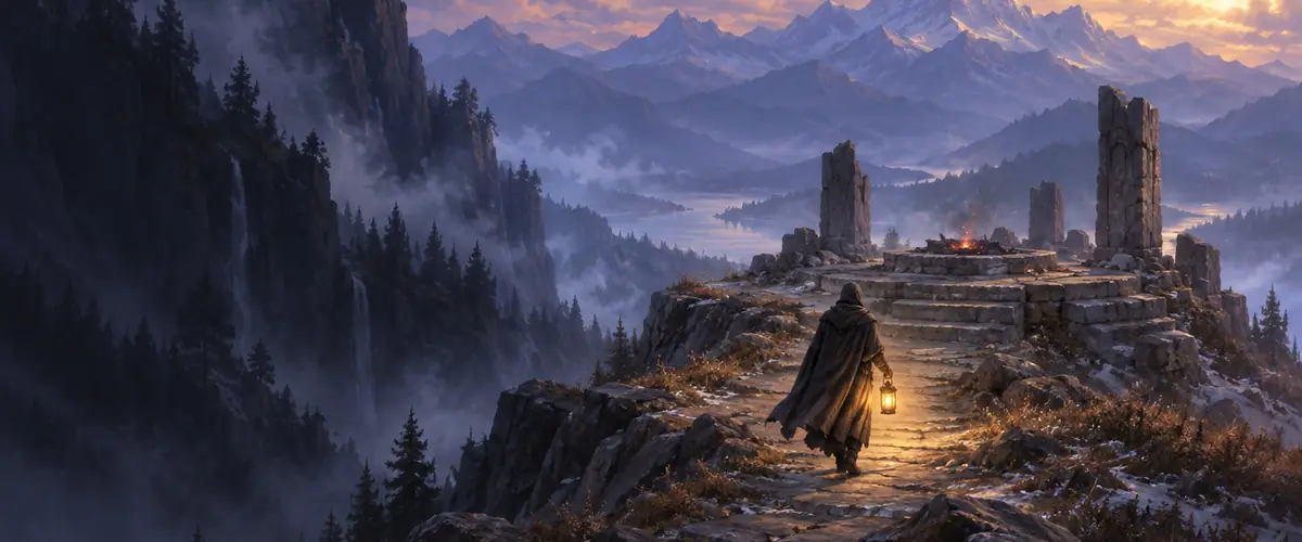 A cloaked figure carries a lantern toward embers on a ruined stone terrace above blue mountains.