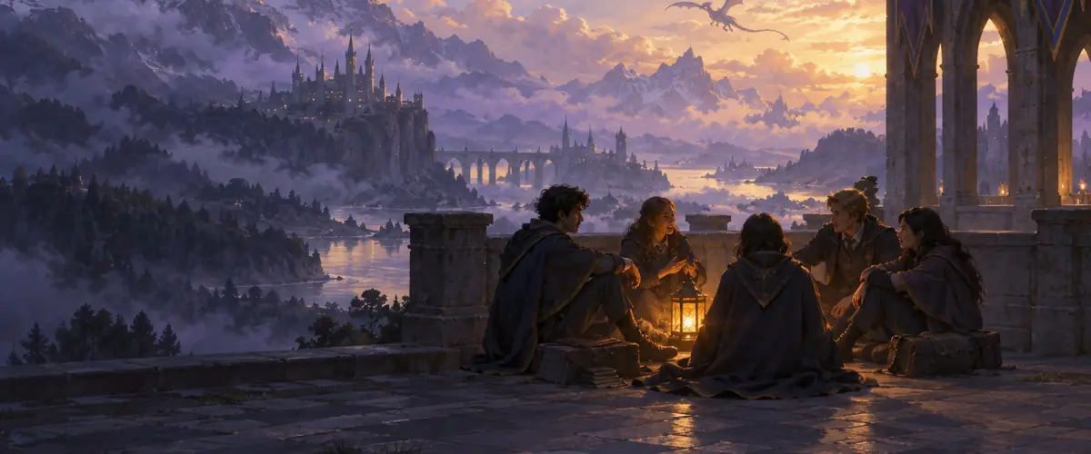 Cloaked cadets gather around a lantern on a stone terrace overlooking a valley at dusk.