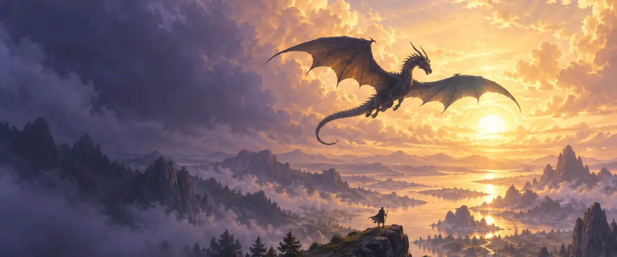 A black dragon flies across a golden sky above a distant rider on a rocky ledge.