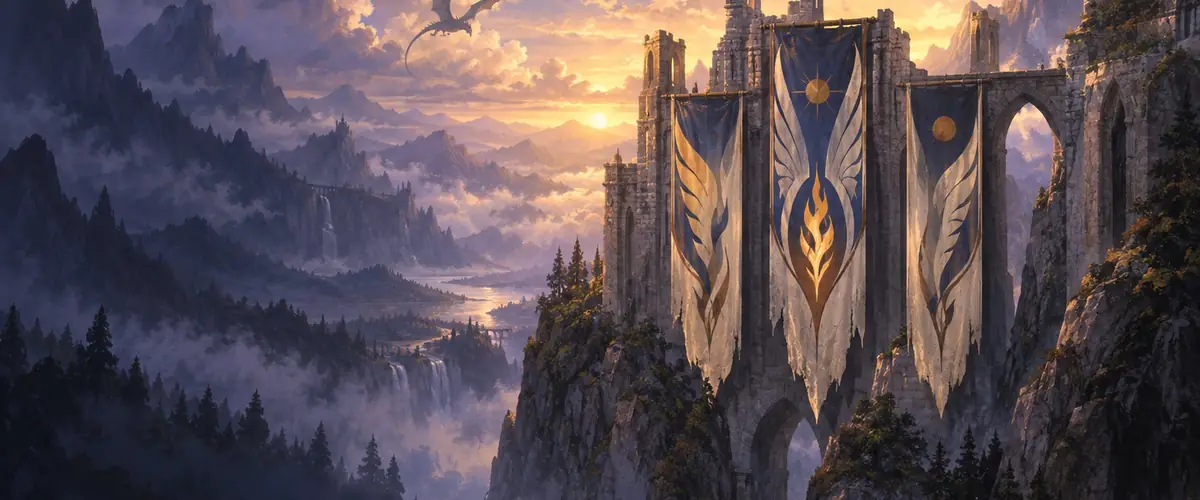 Wing-patterned banners hang from a mountain fortress as a dragon flies in the golden sky.