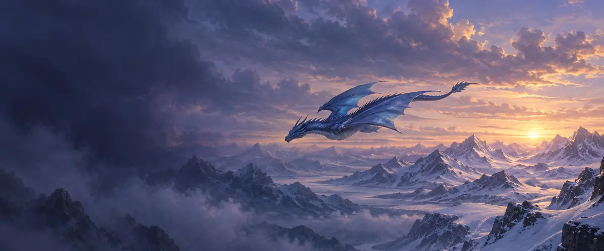 A blue dragon glides over snowy peaks beneath a purple evening sky.