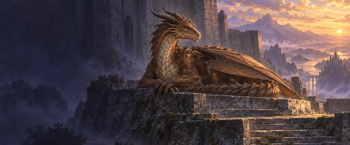 A brown dragon rests on a stone terrace beside a mountain fortress at sunset.
