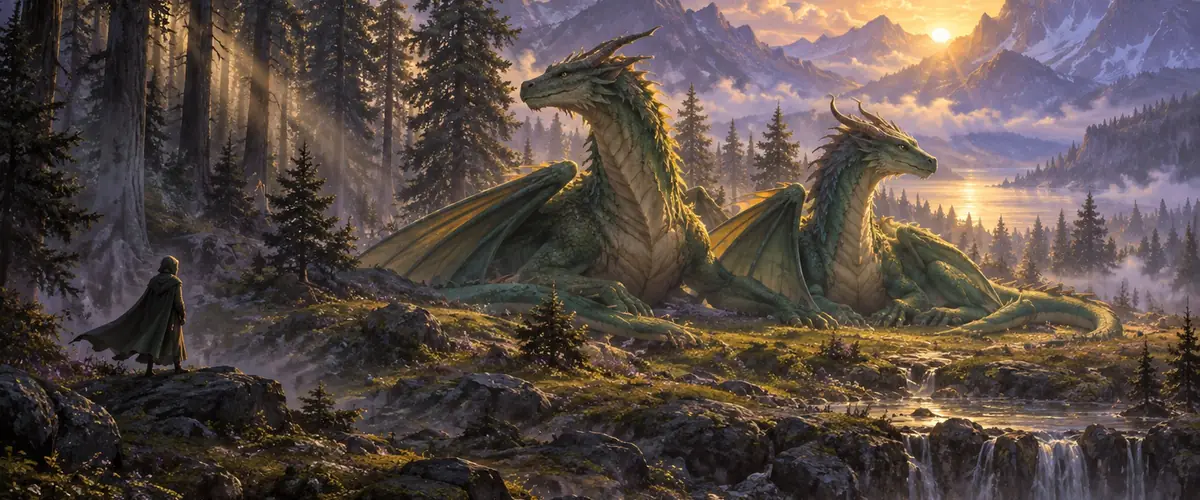 Two green dragons rest in a forest clearing beside a sunlit mountain lake.