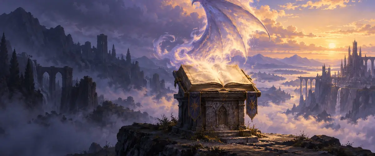 A luminous dragon rises from an open ancient book on a stone lectern above a misty valley.