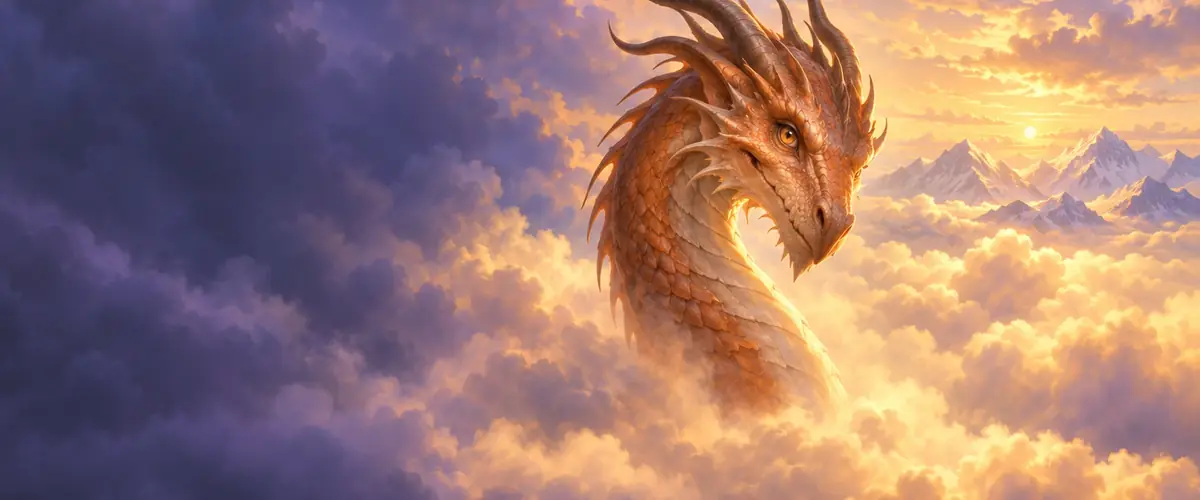 An orange dragon emerges from golden clouds beneath a glowing sunset.