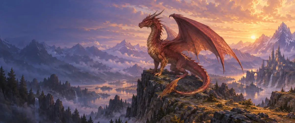 A red dragon perches on a rocky ridge above a mountain valley at sunset.