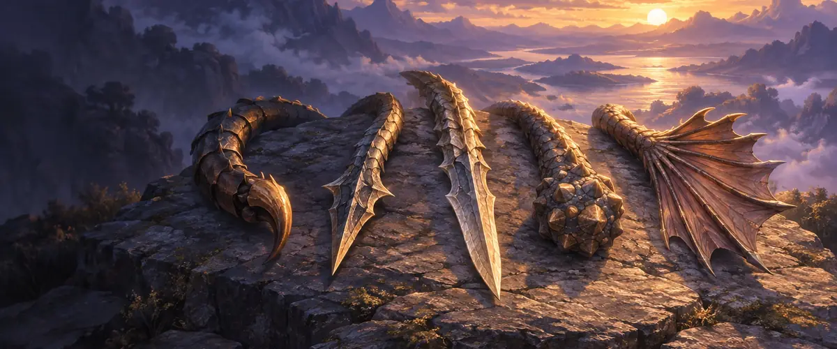 Five scaled dragon tail tips rest on a rocky shelf above a sunset valley.