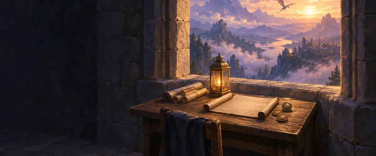 Scrolls, a lantern and bronze medallions lie on a desk beside a window overlooking mountains.
