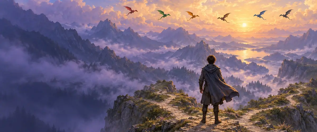 A cloaked cadet stands at a fork in a mountain path beneath six differently colored dragons flying over a sunset valley.