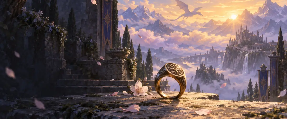 A bronze signet ring rests among blossoms on a stone ledge with a dragon flying over distant mountains.