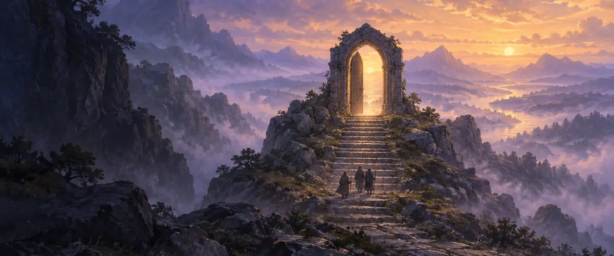 Three cloaked figures climb stone steps toward a glowing arch above a mountain valley at dusk.