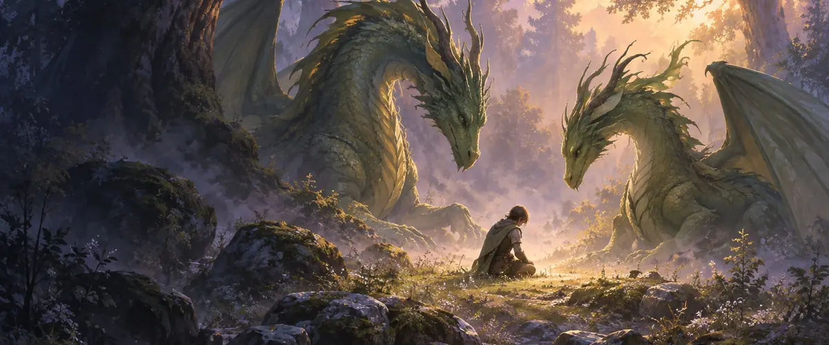 Two green dragons face a kneeling cadet in a clearing filled with golden light.