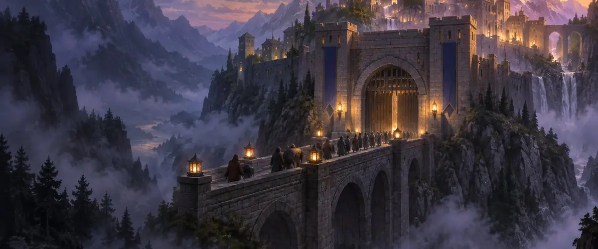 Cloaked newcomers cross a lantern-lit stone bridge toward a mountain fortress gate at dusk.