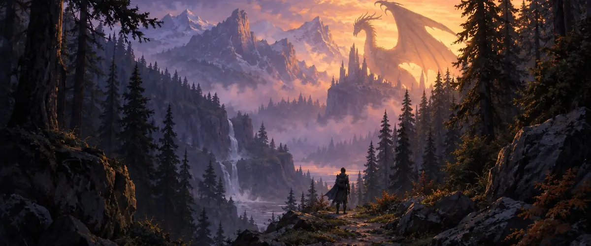 A lone cadet follows a pine forest trail toward a distant dragon silhouetted against golden clouds.