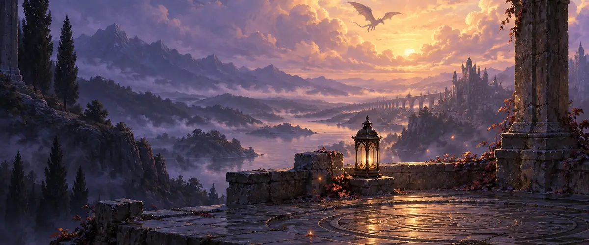 A lantern and fading embers rest on a stone terrace beneath a dragon flying over a mountain lake.
