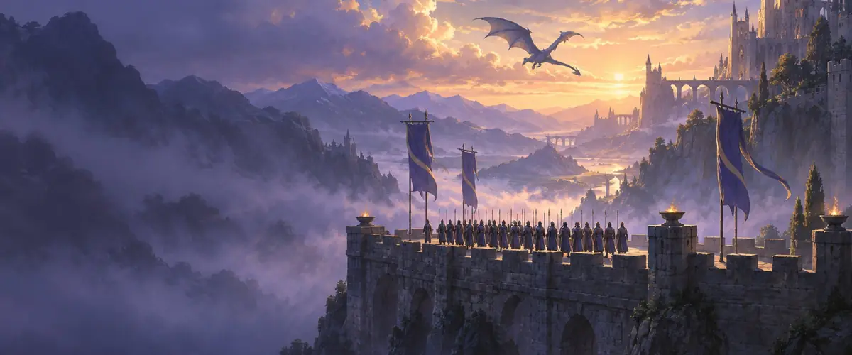 Cadets stand in formation on a stone rampart as a dragon flies above a golden mountain valley.