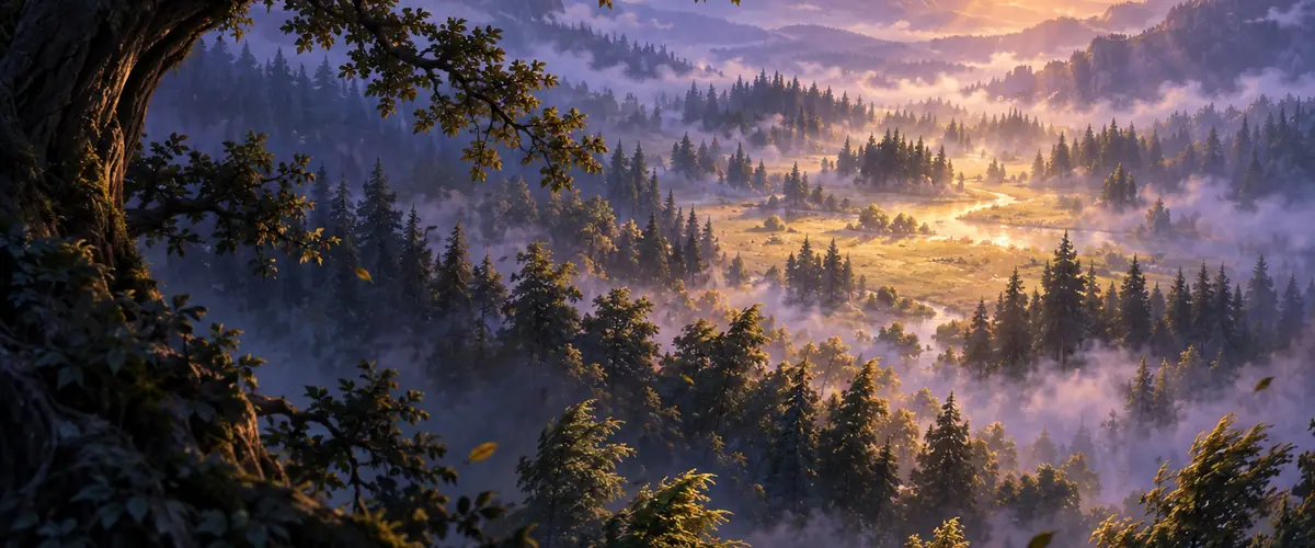 High tree branches frame a sunlit clearing in a misty pine-covered valley.