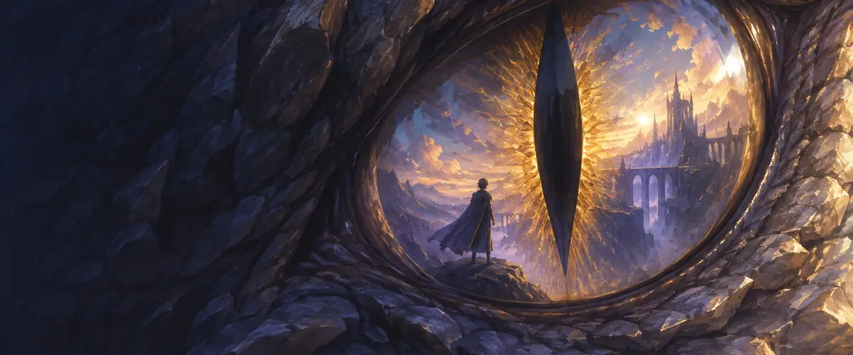 A huge golden dragon eye reflects a cloaked cadet and a distant mountain fortress.