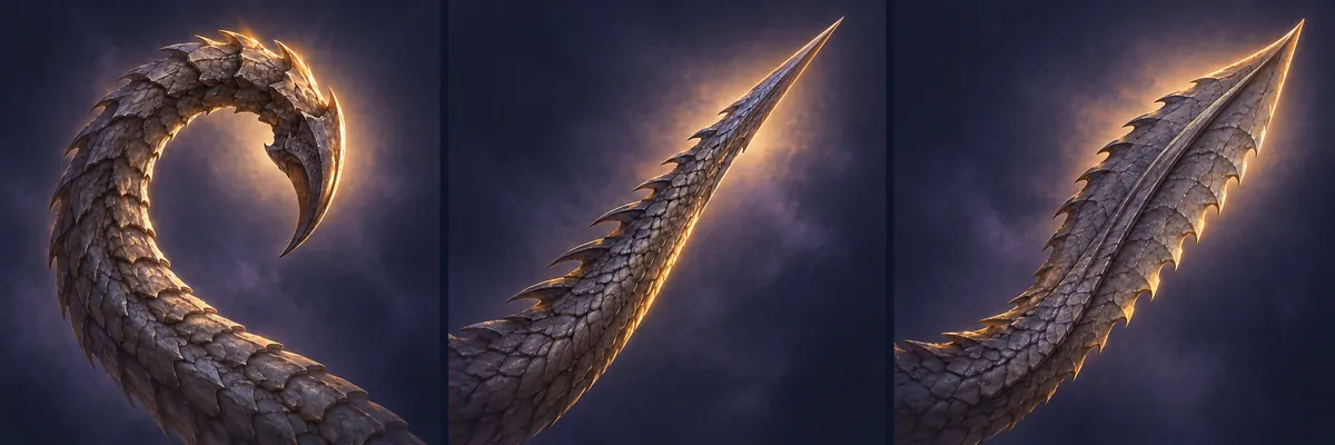 Three dragon tail tips: scorpion, dagger and sword