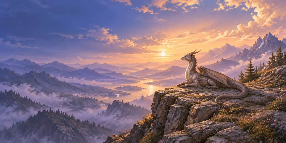 Illustration: a lone cadet on a mountain ledge watches an immense dragon glide through a sea of golden clouds at dusk